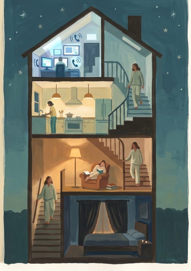 A cutaway house at night: a woman walks down through floors that grow darker and quieter, from a room of bright screens to a dim bedroom with blackout curtains.