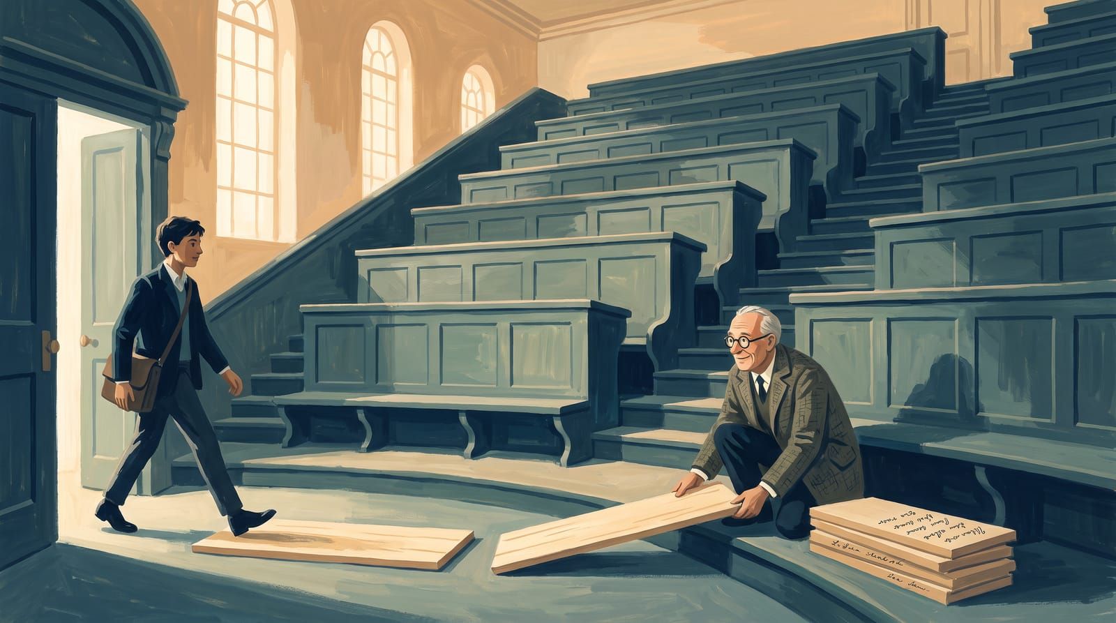 A student walks into a grand, empty lecture hall while an older adviser lays fresh floorboards just ahead of each step.