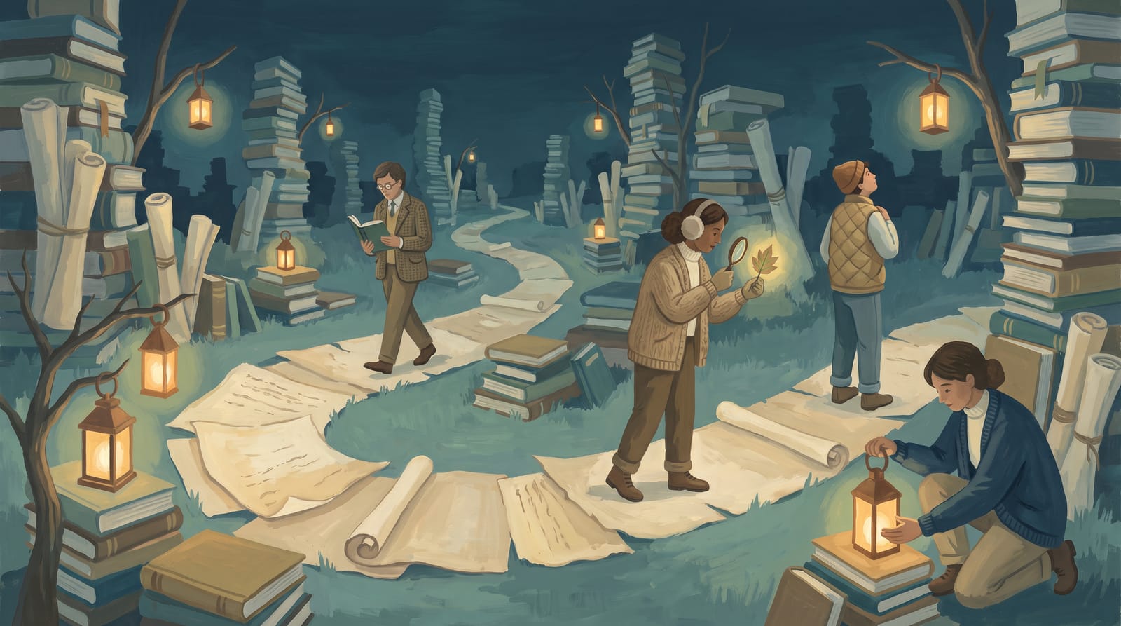 A lantern-lit path winds through a forest of stacked books and papers; adults walk it at their own pace while someone sets down the next lantern.