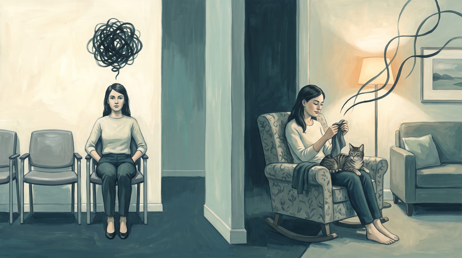 Split scene: a woman sits rigidly in a waiting room with a knot of tension above her head; at home, the same woman rocks in an armchair with her cat, relaxed.