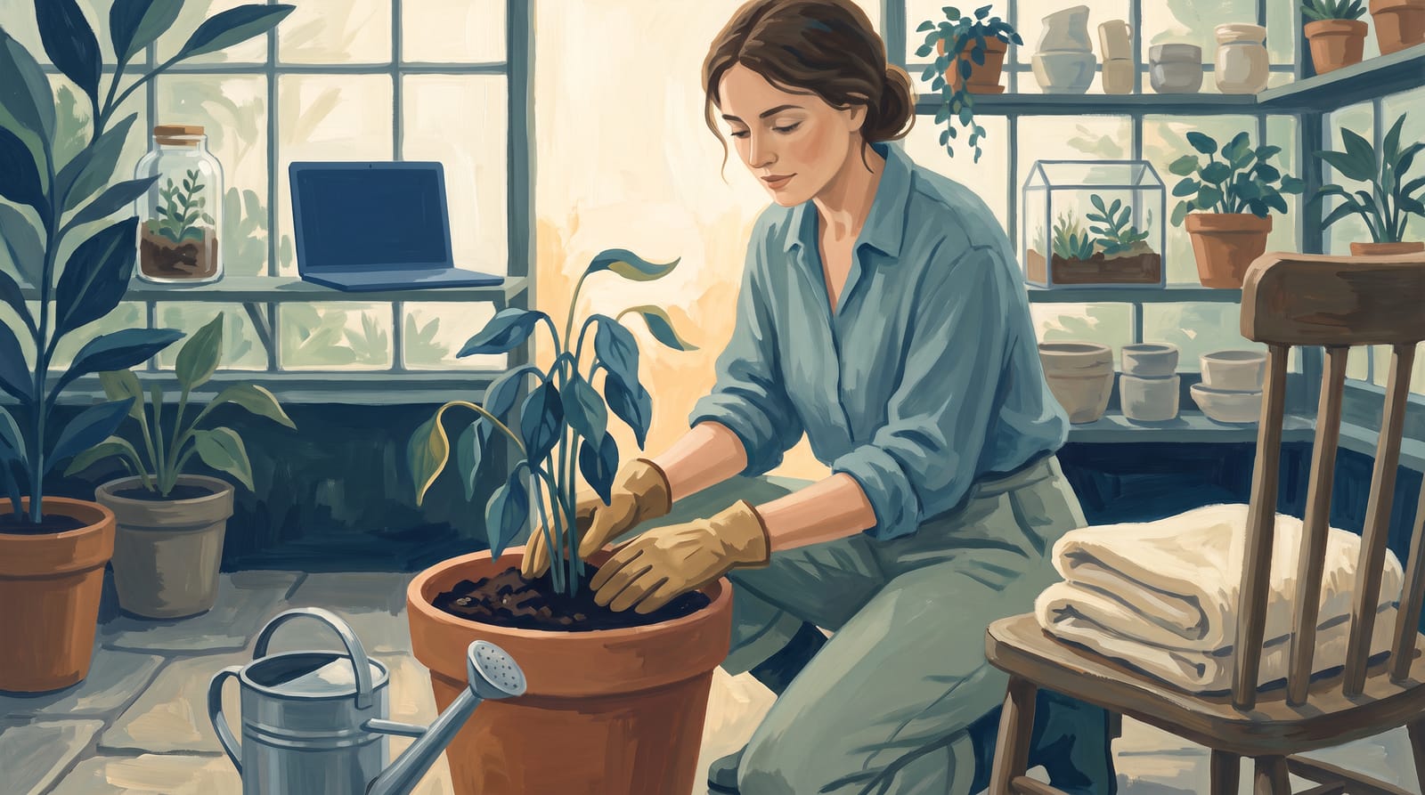 In a quiet glasshouse, a woman repots a drooping plant into a larger pot of fresh soil as its leaves begin to lift.