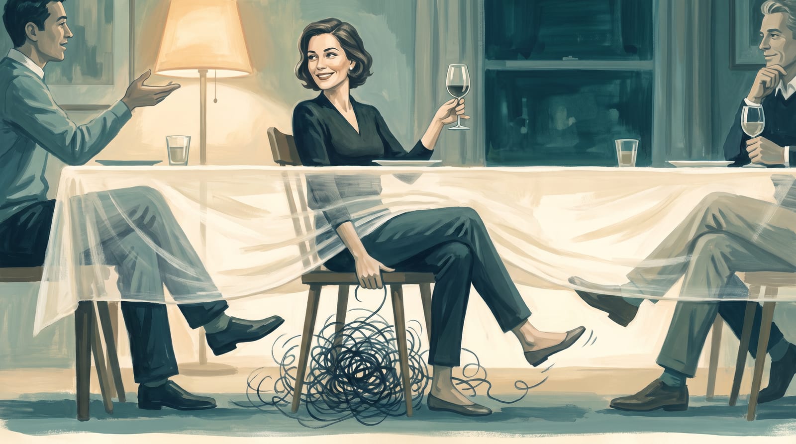At a dinner party a woman smiles perfectly above the table, while below it her hands grip her chair and her legs are braced with effort.